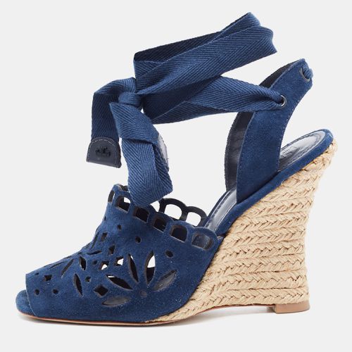 Tory Burch Navy Blue Laser Cut Suede Ankle Tie Wedge Sandals Size 36.5 - Tory Burch - Modalova