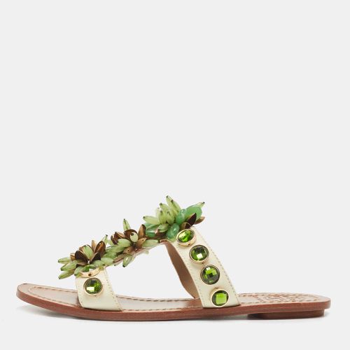 Tory Burch White Patent Leather Floral Crystals Studded Flat Slides Size 36 - Tory Burch - Modalova