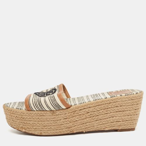 Tory Burch White/Brown Canvas and Leather Espadrille Platform Wedge Slide Sandals Size 37.5 - Tory Burch - Modalova