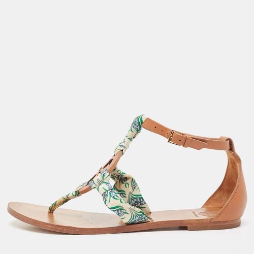 Tory Burch Brown/Cream Leather and Printed Fabric Miller Scarf Thong Flat Sandals Size 38.5 - Tory Burch - Modalova