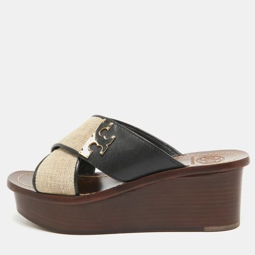 Tory Burch Beige/Black Canvas and Leather Platform Slide Sandals Size 36 - Tory Burch - Modalova