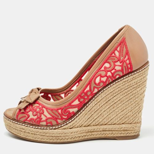 Tory Burch Brown/Pink Leather and Embroidered Fabric Jackie Espadrille Wedge Pumps Size 37.5 - Tory Burch - Modalova