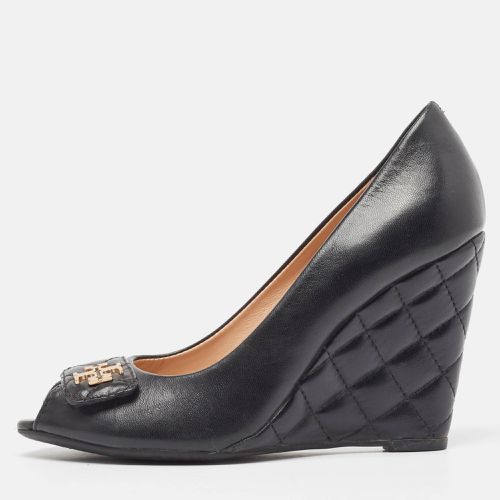 Tory Burch Black Leather Leila Peep Toe Wedge Pumps Size 37.5 - Tory Burch - Modalova