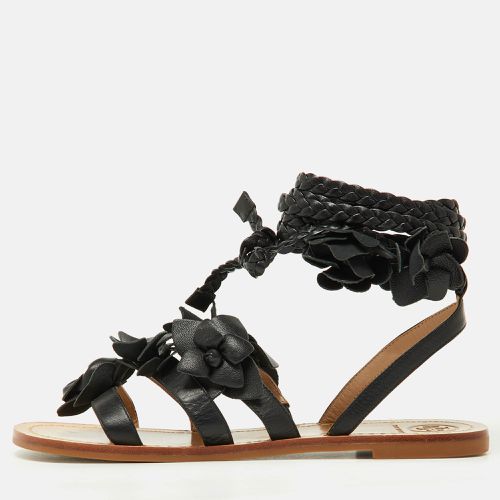 Tory Burch Black Leather Blossom Floral Embellished Flat Gladiator Sandals Size 37 - Tory Burch - Modalova