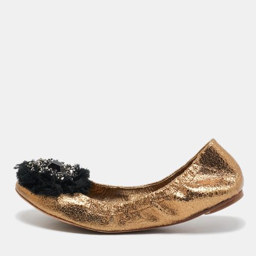 Tory Burch Metallic Textured Leather Embellished Flower Applique Scrunch Ballet Flats Size 38 - Tory Burch - Modalova