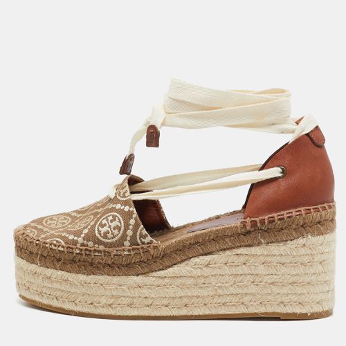 Tory Burch Brown/Beige Canvas and Leather Wedge Sandals Size 37.5 - Tory Burch - Modalova