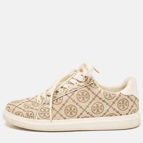 Tory Burch Beige Canvas and Leather T Monogram Lace Up Sneakers Size 38 - Tory Burch - Modalova