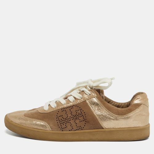 Tory Burch Beige/Gold Suede and Metallic Leather Perforated Logo Sneakers Size 38.5 - Tory Burch - Modalova