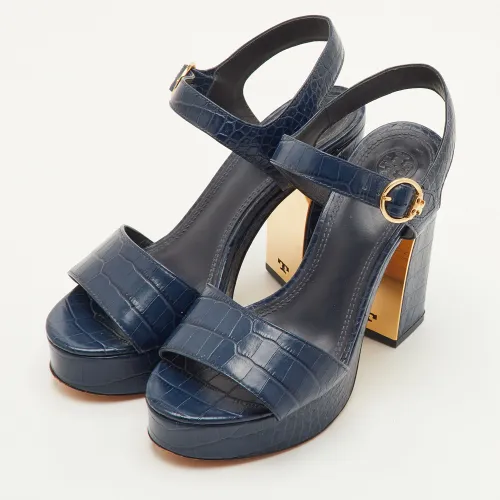 Maritine Size 37 Croc Embossed Leather Platform Ankle Strap Sandals - Tory Burch - Modalova