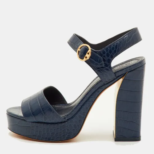 Maritine Size 37 Croc Embossed Leather Platform Ankle Strap Sandals - Tory Burch - Modalova