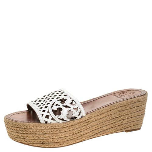 Tory Burch White Cutout Leather Espadrille Wedge Platform Sandals Size 39 - Tory Burch - Modalova