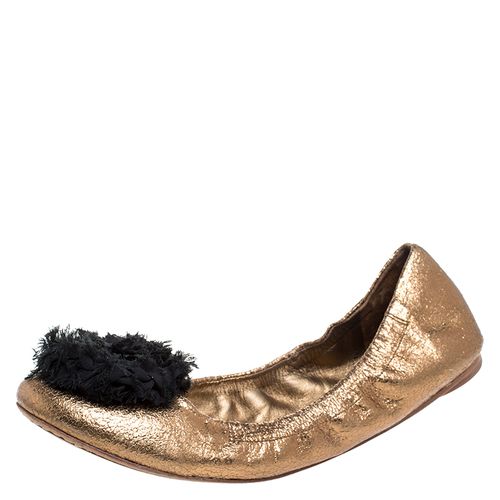 Tory Burch Metallic Bronze Crackled Leather And Black Fabric Flower Scrunch Ballet Flats Size 40 - Tory Burch - Modalova