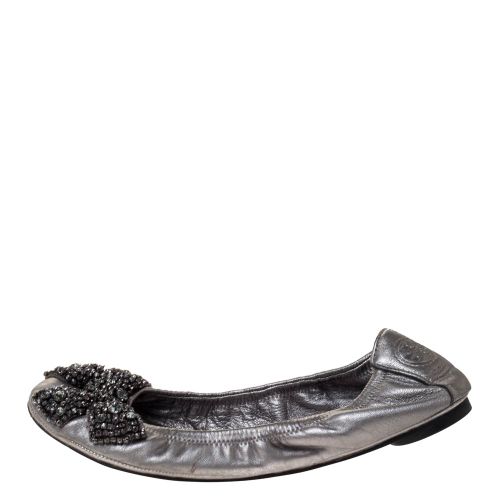 Silver Leather Azalea Scrunch Ballet Flats Size 38 - Tory Burch - Modalova