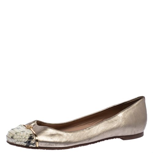 Tory Burch Metallic Gold Leather And Snake Print Cap Toe Bar Logo Ballet Flats Size 37 - Tory Burch - Modalova