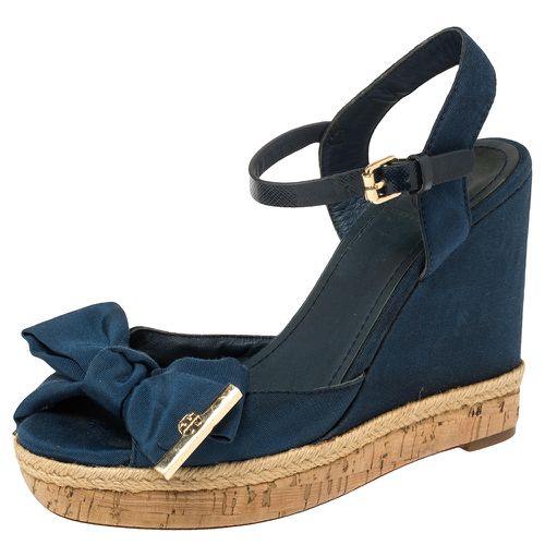 Tory Burch Blue Fabric And Leather Espadrille Wedge Ankle Strap Sandals Size 37 - Tory Burch - Modalova