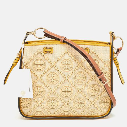 Tory Burch Mustard T Monogram Straw and Leather Bell Shoulder Bag - Tory Burch - Modalova