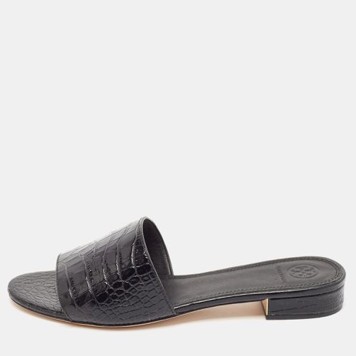 Tory Burch Black Croc Embossed Leather Martine Flat Slides Size 39.5 - Tory Burch - Modalova