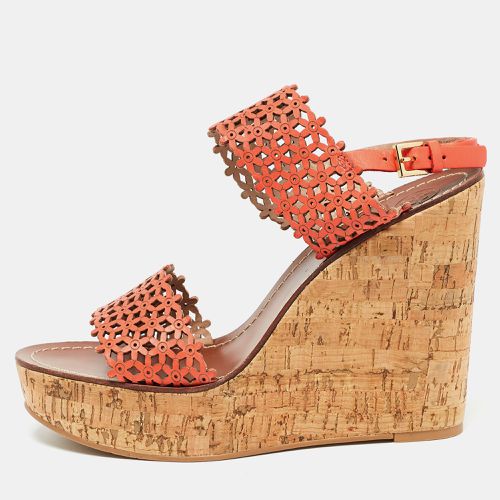 Tory Burch Orange Perforated Leather Daisy Cork Wedge Sandals Size 41.5 - Tory Burch - Modalova