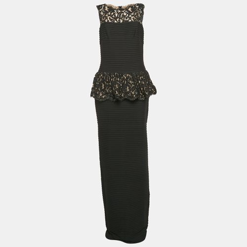 Tadashi Shoji Black Pintuck Jersey and Lace Peplum Cocktail Gown M - Tadashi Shoji - Modalova