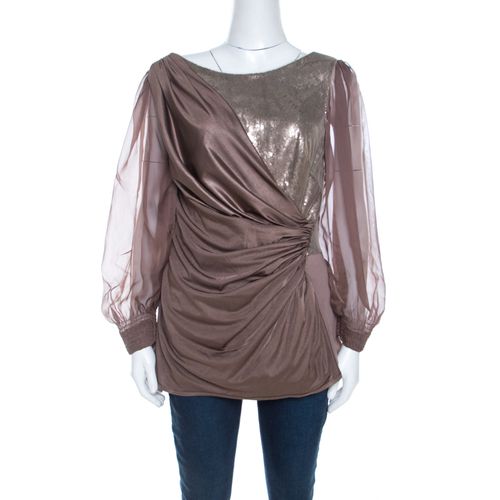 Tadashi Shoji Champagne Stretch Knit Sequined Inlay Draped Sheer Sleeve Top M - Tadashi Shoji - Modalova