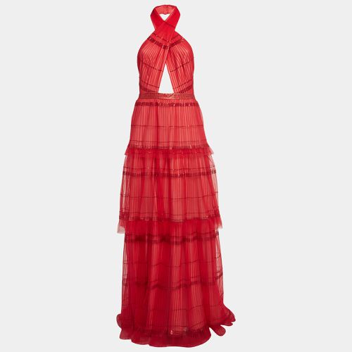 Tadashi Shoji Red Sequin Tulle Halter Neck Tiered Gown M - Tadashi Shoji - Modalova