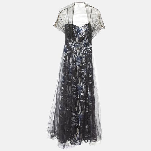 Tadashi Shoji Black Floral Sequined Tulle Draped Gown XS - Tadashi Shoji - Modalova