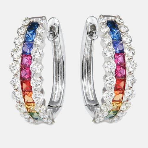 Elegant Multi Colored Stones Diamond 18k White Gold Earring - The Diamond Edit - Modalova