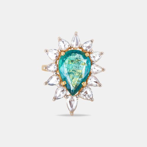 K Pear Shape Natural Emerald And Natural Rose Cut Diamond Ring - The Diamond Edit - Modalova