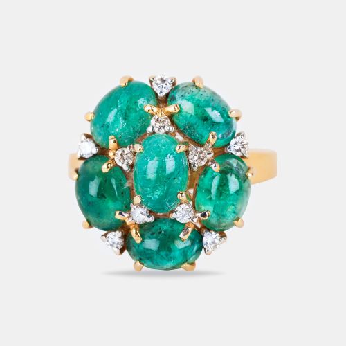 K Natural Cabachon Emerald & Brilliant Round Diamond Ring - The Diamond Edit - Modalova