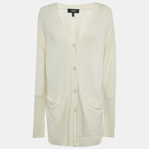 Theory Ivory Wool Knit Leather Patch Cardigan M - Theory - Modalova