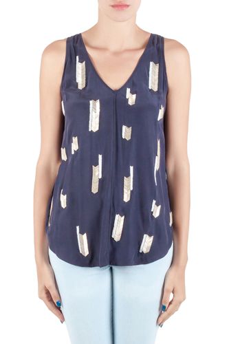 Derek Lam 10 Crosby Midnight Blue Embellsihed Silk Sleeveless High Low Top M - Derek Lam - Modalova