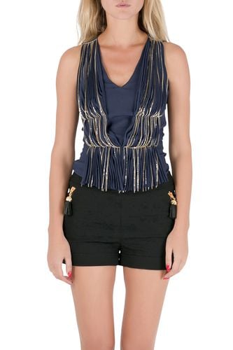 Philosophy Blue Silk Gathered Pleat Front Metal Chain Detail Sleeveless Top S - Philosophy di Alberta Ferretti - Modalova