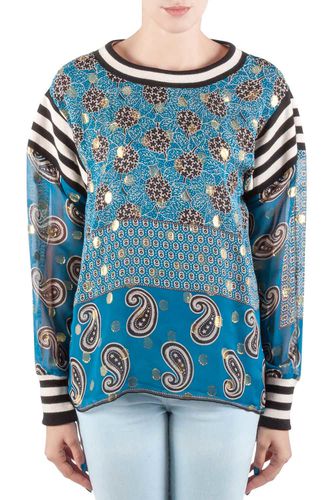 Anna Sui Teal Blue Bouquet Scarf Print Silk Ribbed Trim Tunic Top M - Anna Sui - Modalova