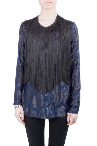 Yigal Azrouel Navy Blue Chevron Pattern Silk Fringe Detail Blouse S - Yigal Azrouel - Modalova