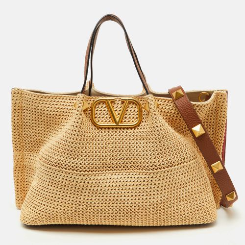 Valentino Tan/Natural Woven Raffia and Leather Medium Summer Tote - Valentino - Modalova