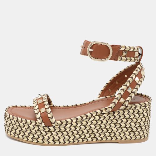 Valentino Multicolor Leather and Raffia Rockstud Platform Espadrille Sandals Size 37 - Valentino - Modalova