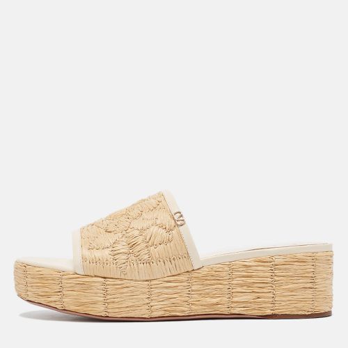 Valentino Beige/Cream Leather and Raffia Wedge Sandals Size 39 - Valentino - Modalova