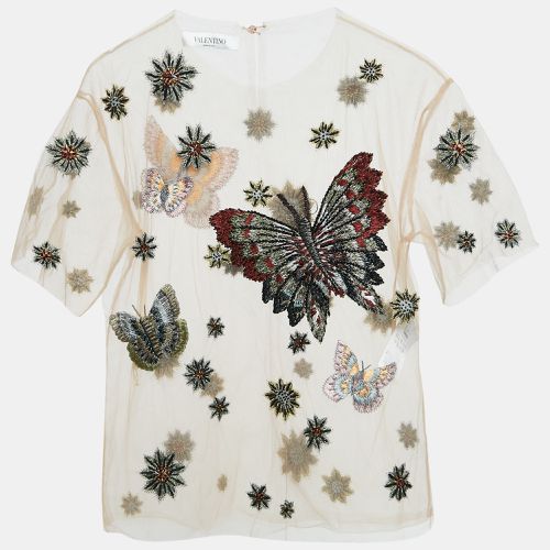 Valentino Beige Butterfly Embroidered Mesh Sheer Top S - Valentino - Modalova