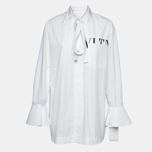 Valentino White Logo Print Poplin Tie-Up Neck Detail Oversize Shirt L - Valentino - Modalova