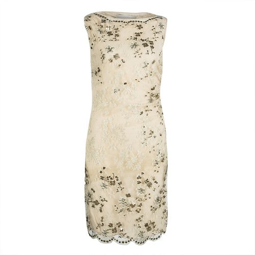 Valentino Beige Embellished Floral Lace Overlay Ruched Sleeveless Dress M - Valentino - Modalova