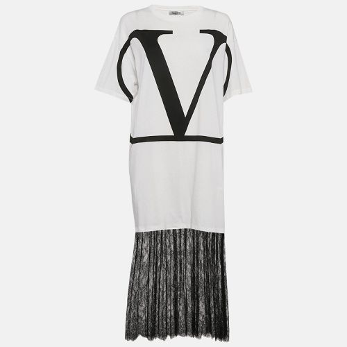 Logo Print Cotton Knit and Lace Flared Midi Dress M - Valentino - Modalova