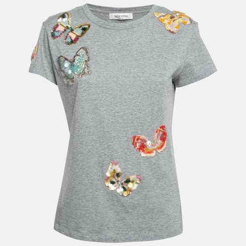 Valentino Grey Sequin Butterfly Applique Cotton T-Shirt S - Valentino - Modalova