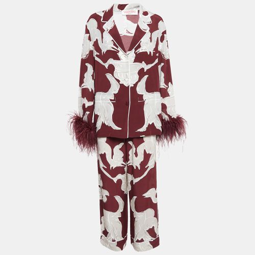 Valentino Burgundy Printed Silk and Ostrich Feather Pyjama Shirt and Pants Set L - Valentino - Modalova