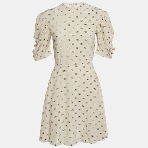 Valentino Cream Logo Print Silk Gathered Sleeve Mini Dress S - Valentino - Modalova