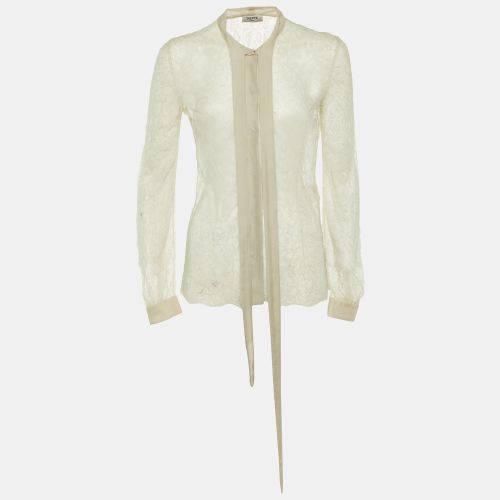 Valentino Pale Grey Lace Neck Tie Sheer Blouse S - Valentino - Modalova