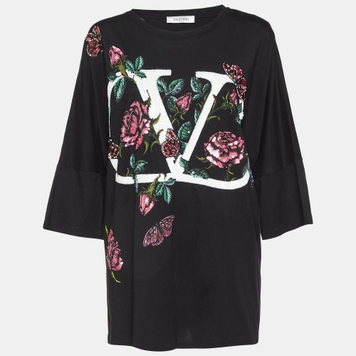 Valentino Black V Logo Embellished Cotton Ruched Waist T-Shirt M - Valentino - Modalova