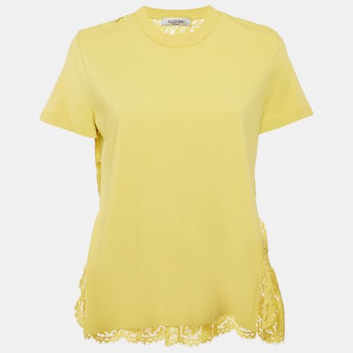 Valentino Yellow Lace and Jersey Crew Neck Top M - Valentino - Modalova