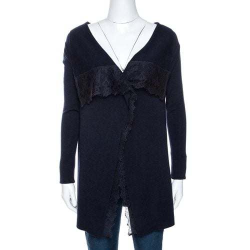 Valentino Navy Blue Knit Lace Trim Waterfall Front Cardigan M - Valentino - Modalova