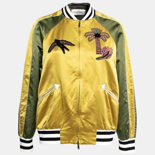 Valentino Yellow & Green Silk Satin Embroidered Patch Detail Bomber Jacket L - Valentino - Modalova