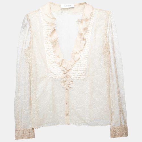 Valentino Beige Lace Ruffle Detail Button Front Long Sleeve Blouse L - Valentino - Modalova